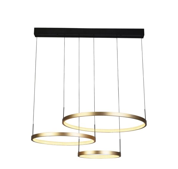 Longue lampe LED suspendue en noir anneaux dor 112 cm