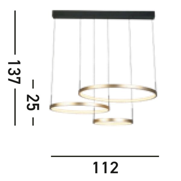 Longue lampe LED suspendue en noir anneaux dor 112 cm