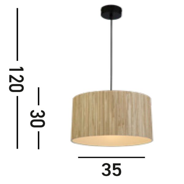 Suspension ronde bois métal E27 L:35 cm naturel