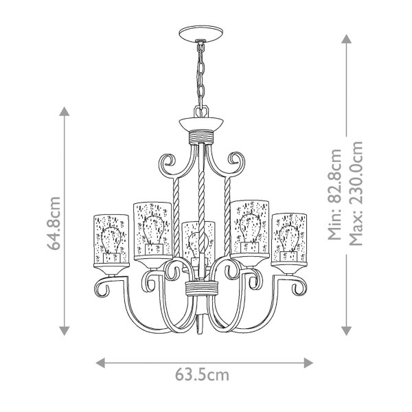 Lustre Rustique Verre Métal L : 63,5 cm H : max. 230 cm