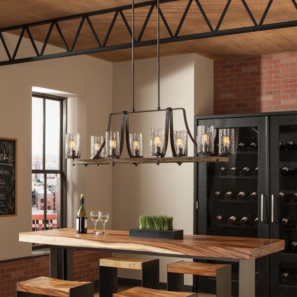Grande lampe à suspendre 116,8 cm de long 8x E27 Rustique Métal Verre Bois