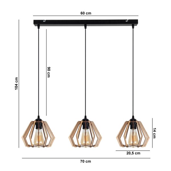 Confortable lampe à suspendre Noir Naturel Bois E27 70 cm de long