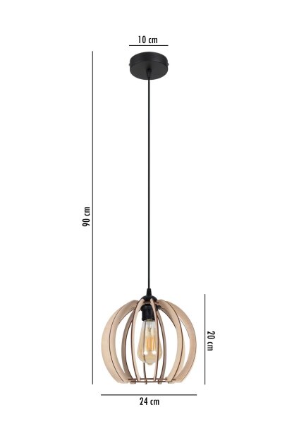 Suspension ronde abat-jour bois métal E27 sphère Ø24 cm