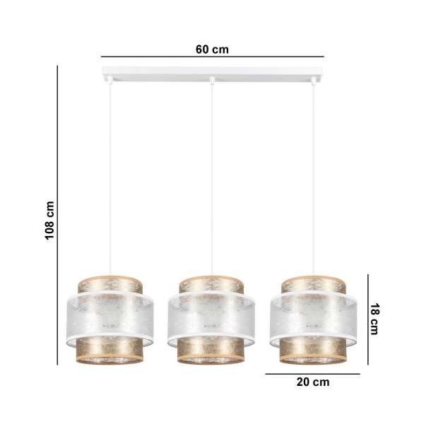 Suspension allongée tissu métal E27 3-flmg 75 cm