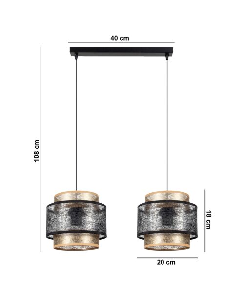 Suspension noir or 2 flammes E27 tissu anti-éblouissement