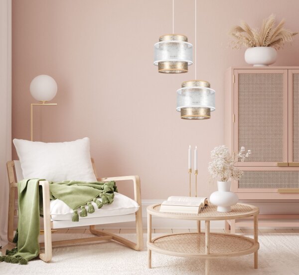 Tissu Suspension Blanc Or E27 2 feux L:33 cm