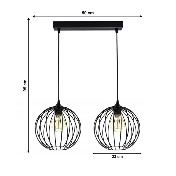Suspension E27 noir métal 2 flammes L:60 cm