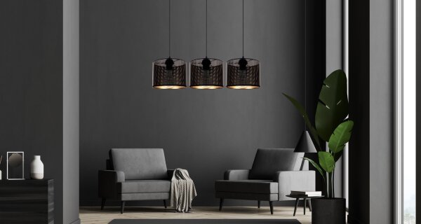 Suspension métal noir or E27 3-flmg 70 cm de long