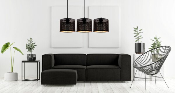 Suspension métal noir or E27 3-flmg 70 cm de long