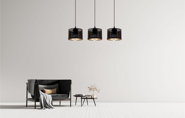 Longue lampe à suspendre métal noir or E27 3-flmg 65 cm