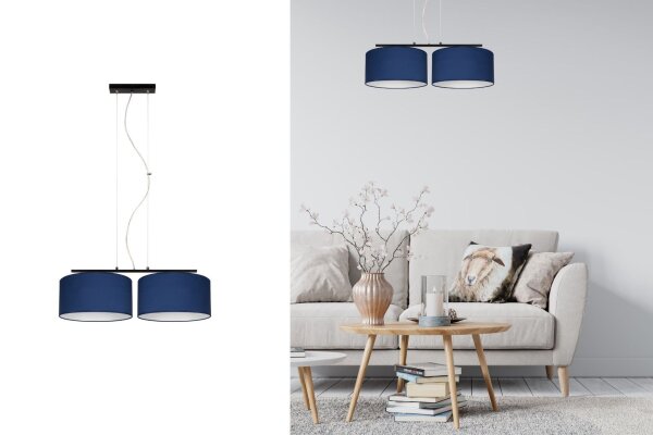 Suspension allongée 2 flammes tissu noir bleu E27