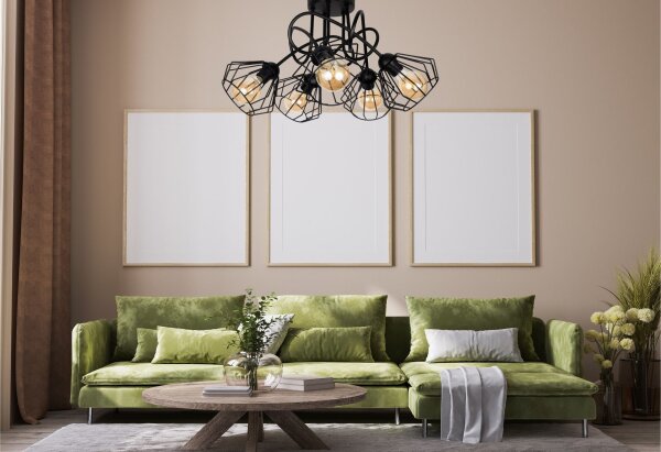 Lampe de plafonnier noire métal fil E27 L:60 cm 5-flamme
