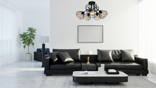 Lampe de plafonnier noire métal fil E27 L:60 cm 5-flamme