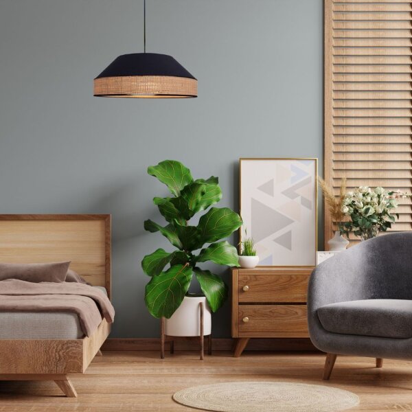 Lampe à suspendre ronde tissu rotin noir naturel E27 Ø45 cm