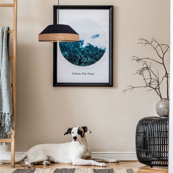 Lampe à suspendre ronde tissu rotin noir naturel E27 Ø45 cm
