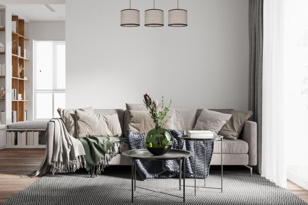 Suspension Tissu Noir Beige E27 70 cm long 3-flmg