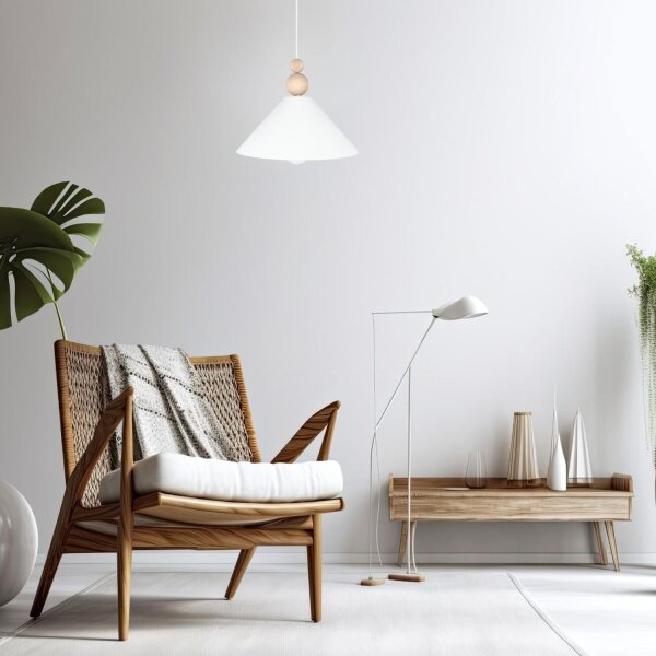 Suspension blanche bois métal Ø26 cm rond E27 confortable