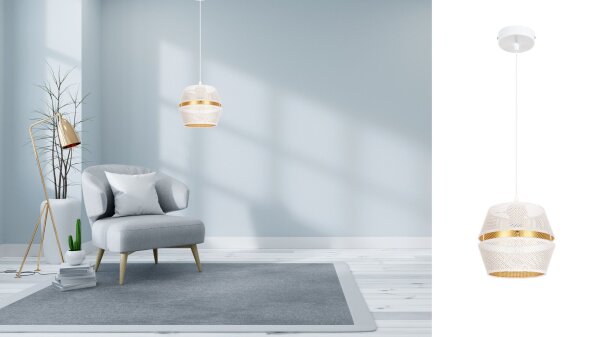 Elégante lampe suspendue métal blanc or E27 Ø20 cm ronde