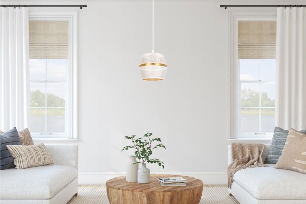 Elégante lampe suspendue métal blanc or E27 Ø20 cm ronde