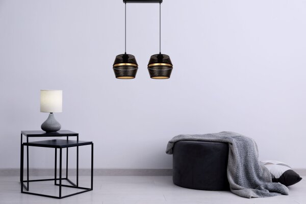 Lampe à suspendre métal noir or E27 50 cm de long 2 flammes