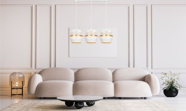 Suspension métal blanc or E27 70 cm long 3-flamme
