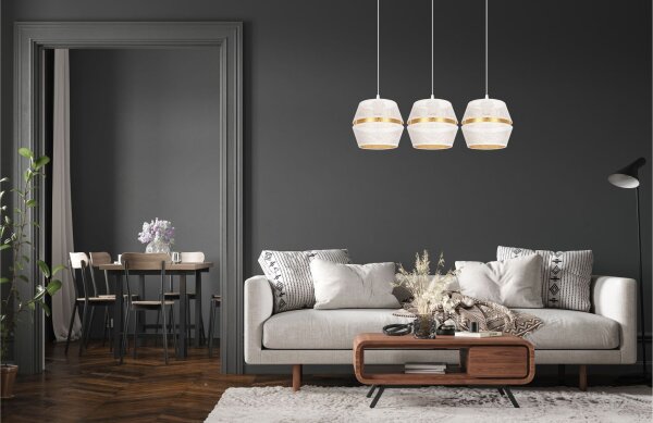 Suspension métal blanc or E27 70 cm long 3-flamme