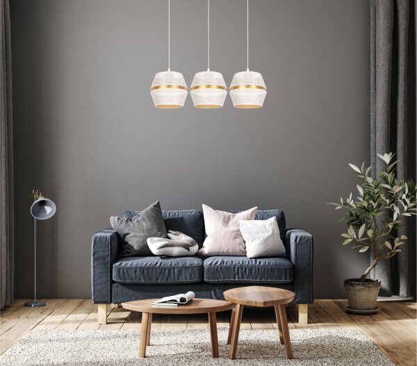 Suspension métal blanc or E27 70 cm long 3-flamme