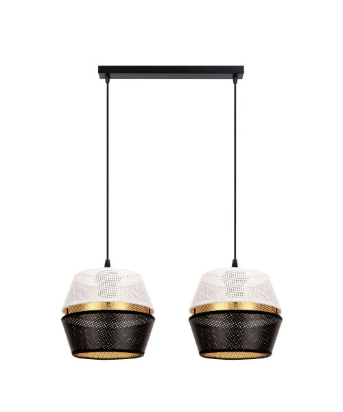 Longue lampe suspendue 2 flammes métal noir blanc or
