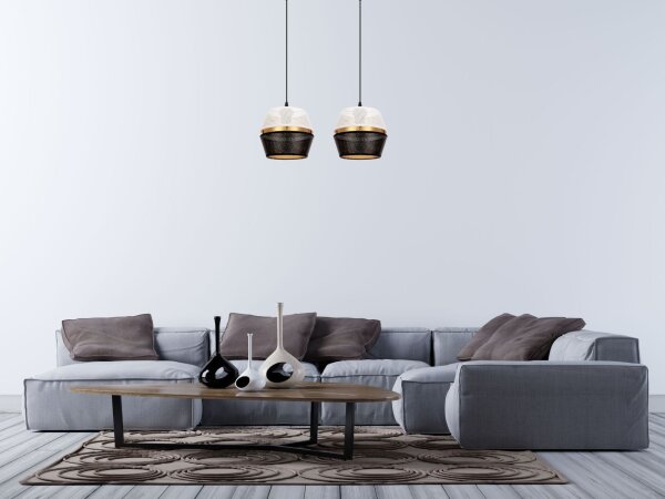 Longue lampe suspendue 2 flammes métal noir blanc or