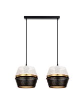 Longue lampe suspendue 2 flammes m&eacute;tal noir blanc or