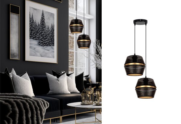 Suspension noir or métal 2 flammes L:40 cm E27