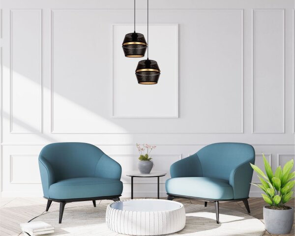 Suspension noir or métal 2 flammes L:40 cm E27