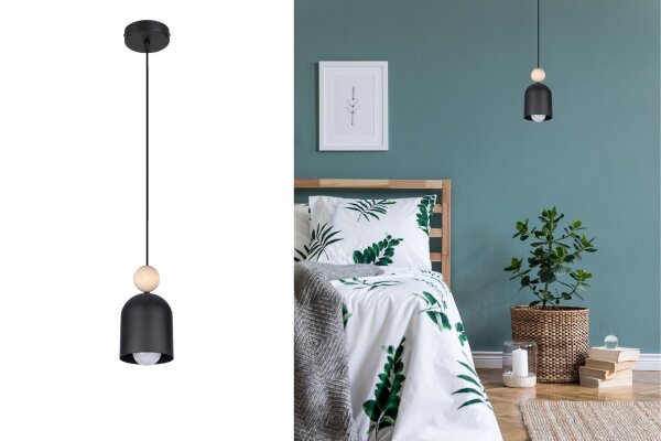 Lampe à suspendre confortable Noir Métal Bois E27 Ø11 cm