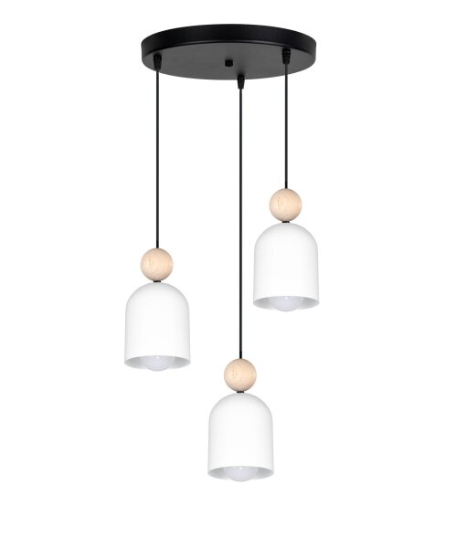 Suspension ronde Blanc Métal Bois 3-flmg E27 Ø36 cm