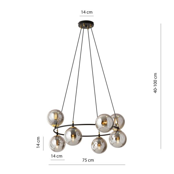 Lampe à suspendre métal verre fumé E14 7 flammes ronde Ø 75 cm