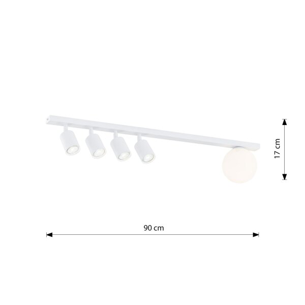 Spot de plafond blanc 90 cm de long 4x GU10 + E14 métal verre