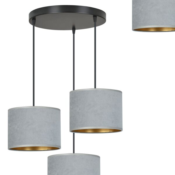 Lampe à suspendre 3 flammes E27 tissu métal noir gris or