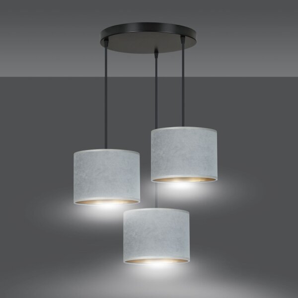 Lampe à suspendre 3 flammes E27 tissu métal noir gris or
