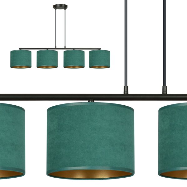 Lampe à suspendre 4 flammes 97 cm métal tissu noir vert or E27