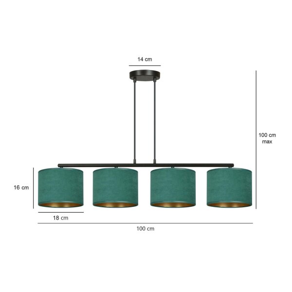 Lampe à suspendre 4 flammes 97 cm métal tissu noir vert or E27