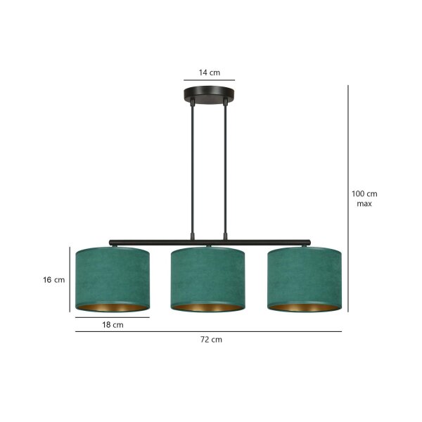 Lampe à suspendre tissu métal L : 72 cm noir vert or 3x E27