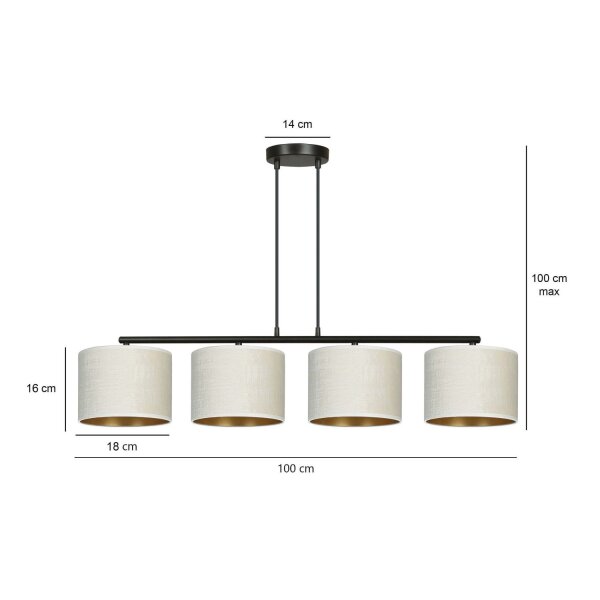Lampe à suspendre E27 4 flammes 97 cm Tissu Métal Blanc Or Noir