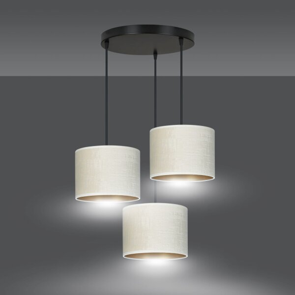 Suspension Blanc Or Noir Métal Tissu E27 3 flammes