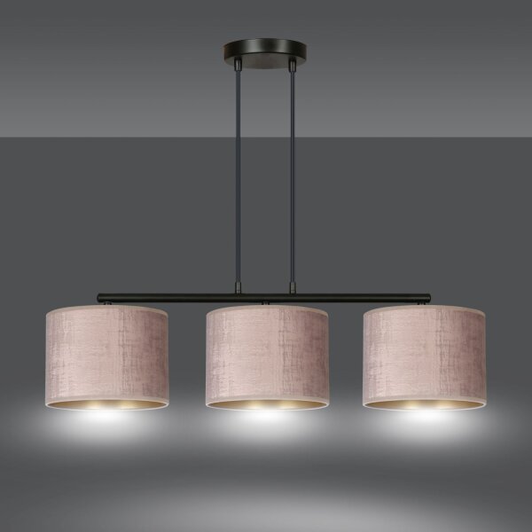 Lampe à suspendre métal tissu L : 72 cm noir rose or 3 flammes