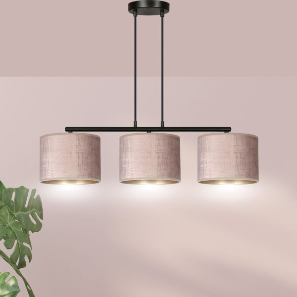 Lampe à suspendre métal tissu L : 72 cm noir rose or 3 flammes