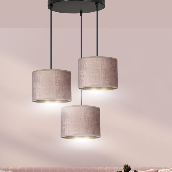 Suspension tissu métal noir rose or 3 flammes E27