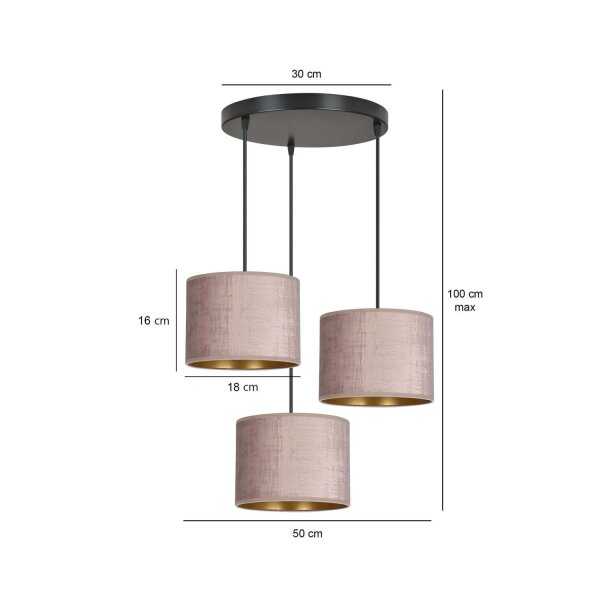 Suspension tissu métal noir rose or 3 flammes E27