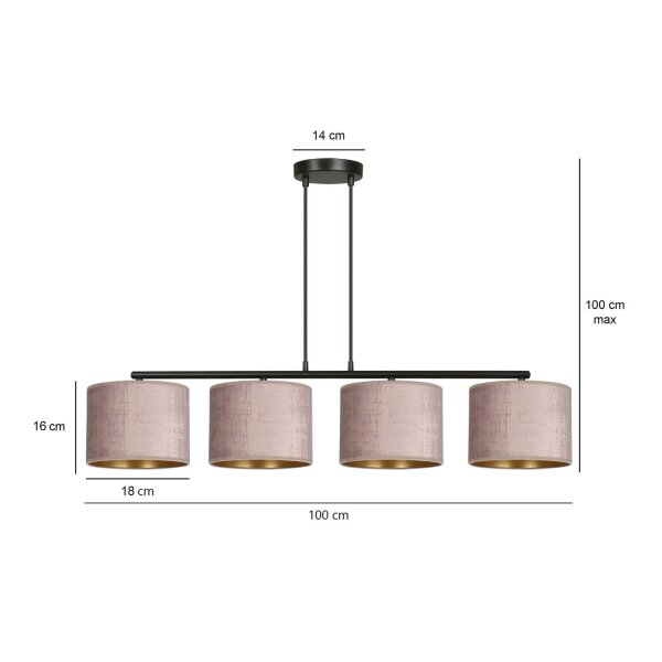 Lampe à suspendre 4 flammes L : 97 cm Métal Tissu Rose Or E27