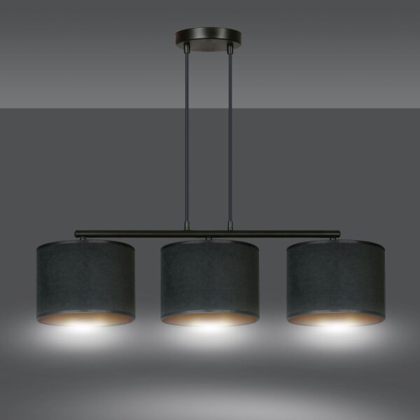 Suspension tissu métal L : 72cm noir or 3-flamme E27