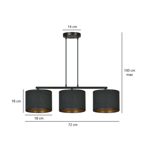 Suspension tissu métal L : 72cm noir or 3-flamme E27